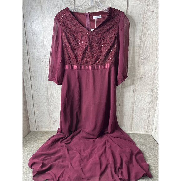Womens S Burgundy Formal Dress Sequins Lace Bodice Sheer Sleeves Back Zipper - Picture 2 of 11